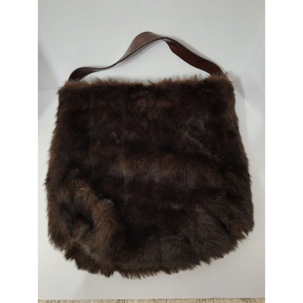 Bath & Body Works Faux Fur Purse Brown Shoulder Bag Oversized Vtg Y2K Style Hobo